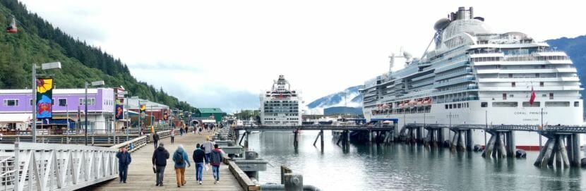 A pair of Panamax cruise ships docked in downtown Juneau on Aug. 30, 2017. (Photo by Jacob Resneck/KTOO)