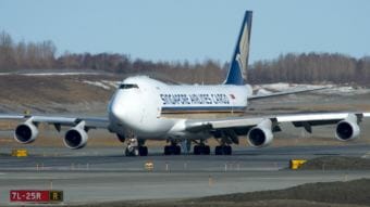 A Singapore Airlines Cargo plan taxis for departure on Runway 32 at Ted Stevens Anchorage International Airport on April 27, 2013. The airport ranked fifth in the world for the most air cargo to go through it in 2017.