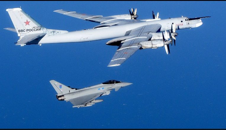 A Russian Tu-95 Bomber being escorted by British forces in 2014. (Photo courtesy U.K. Ministry of Defence)