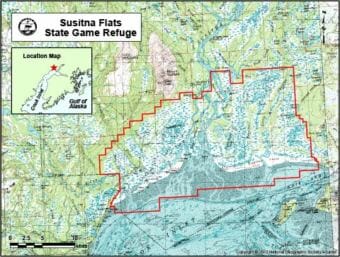 A map of the Susitna Flats State Game Refuge — one of the eight state wildlife refuges to add “hunting preserve” to their names under HB 130. (Image courtesy Alaska Department of Fish and Game)