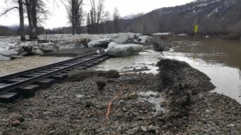 An ice jam Saturday led to flooding and large chunks of ice on the railroad tracks north of Talkeetna. (Photo courtesy Alaska Railroad)