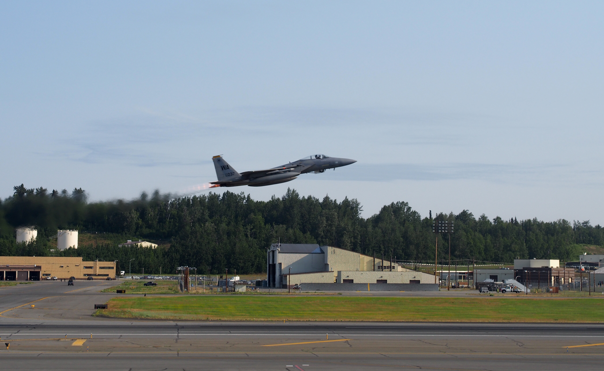 An fighter jet taking off from Joint Base Elmendorf-Richardson during exercises in 2015. (Photo by Zachariah Hughes/Alaska Public Media)