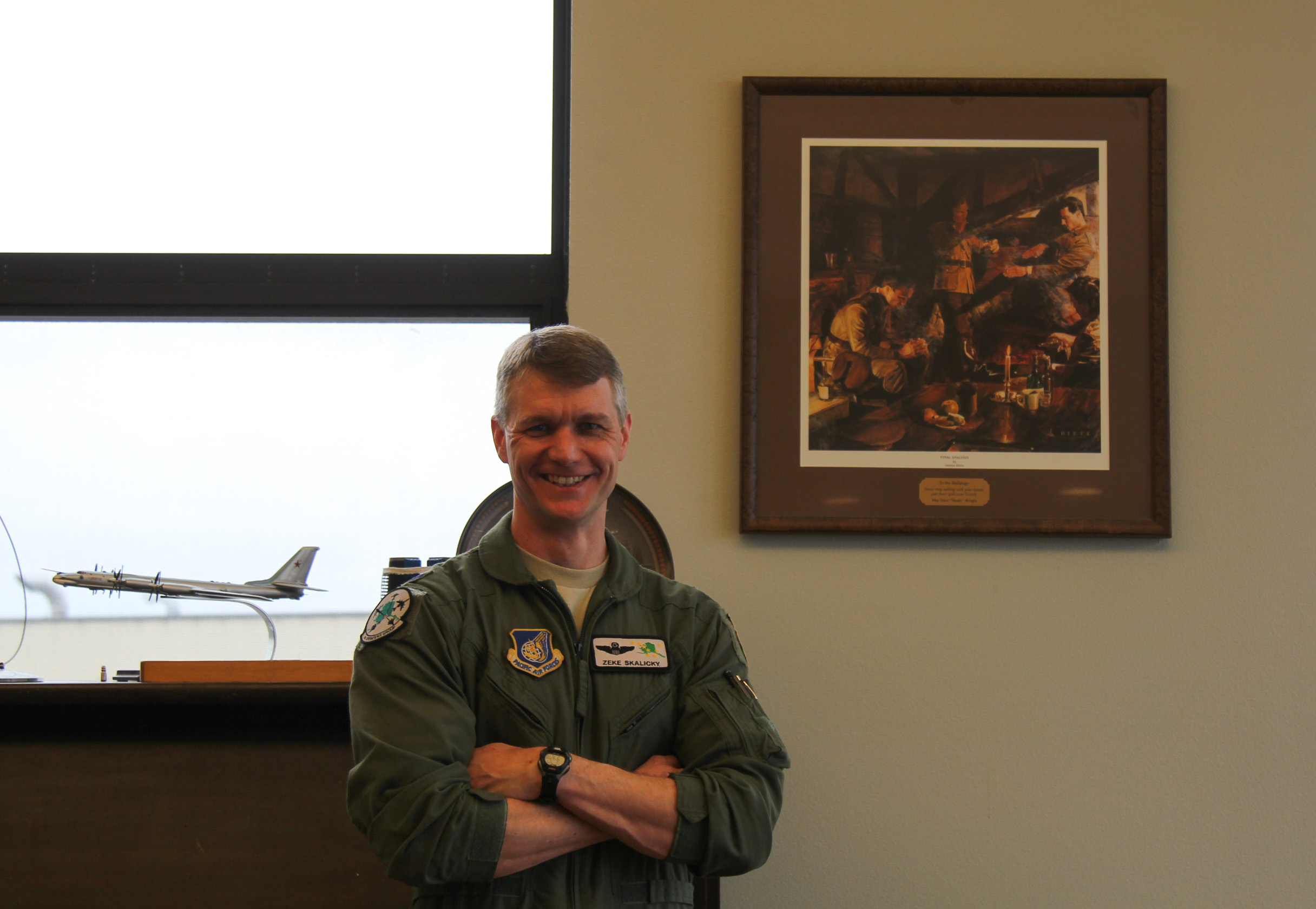 Lt. Col. Dave Skalicky at the 90th Fighter Squadron’s heritage room at Joing Base Elmendorf-Richardson. (Photo by Zachariah Hughes/Alaska Public Media)