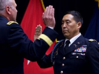 Alaska Army National Guard Col. Wayne Don pledges the Oath of Office after being promoted to full colonel on July 14, 2017. (Photo by Sgt. David Bedard/courtesy U.S. Army)