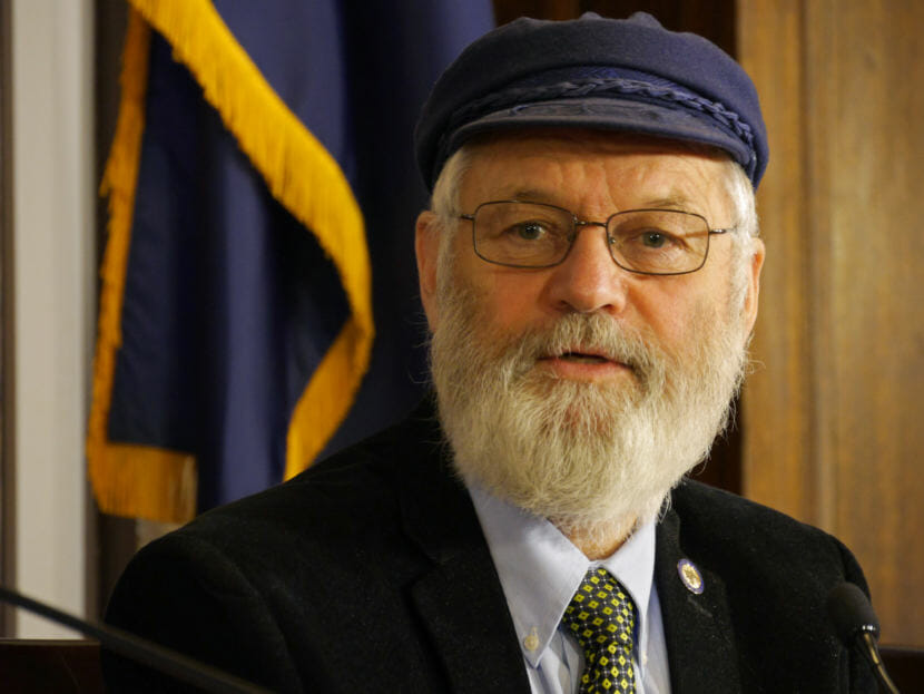 Rep. Paul Seaton, R-Homer, responds to a question from a reporter during House Majority press availability in the Alaska State Capitol, April 3, 2018. The conversation centered on House Bill 286, the state operating budget passed by the House or Representatives the day before. (Photo by Skip Gray/360 North)