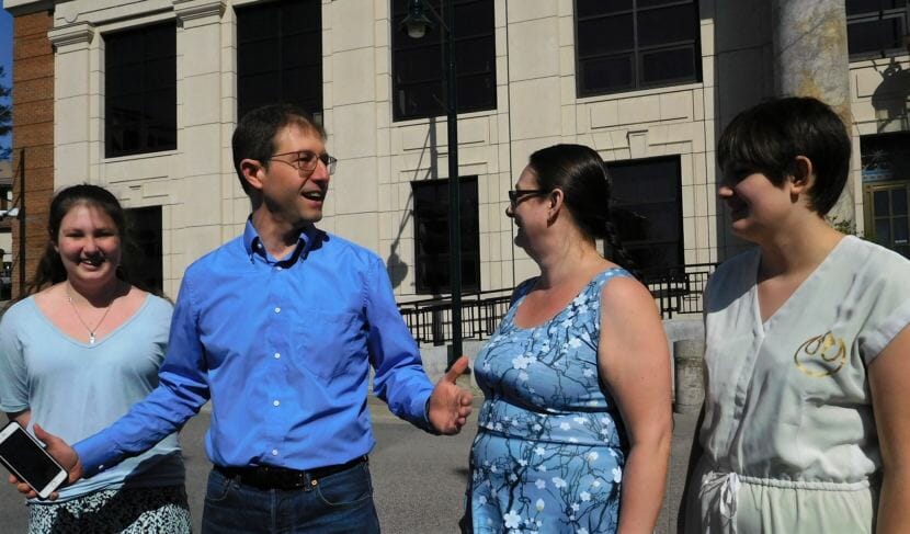 Juneau Democrat Jesse Kiehl announces his run for the state Senate seat being vacated by Dennis Egan Thursday near the Capitol. Nonpartisan candidate Don Etheridge recently announced he's running for the same Senate seat. (Photo by Ed Schoenfeld/CoastAlaska News)