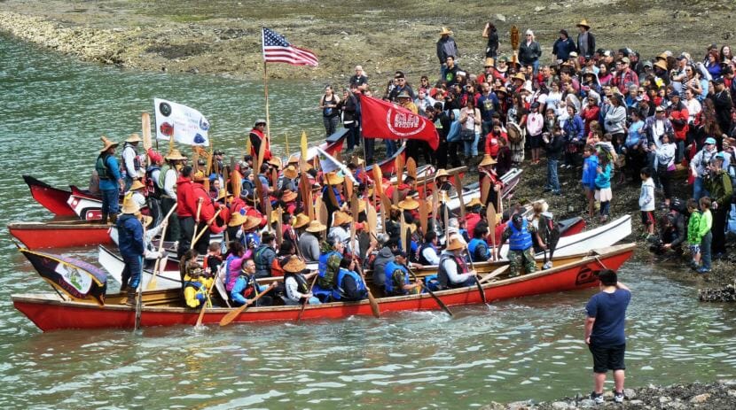 Canoes from around Southeast Alaska are formally greeted at the Douglas Boat Harbor on June 8, 2016, just before that year's Celebration. This year's canoes are scheduled to arrive June 5 between 2 and 3:30 p.m. (Photo by Ed Schoenfeld/CoastAlaska News)