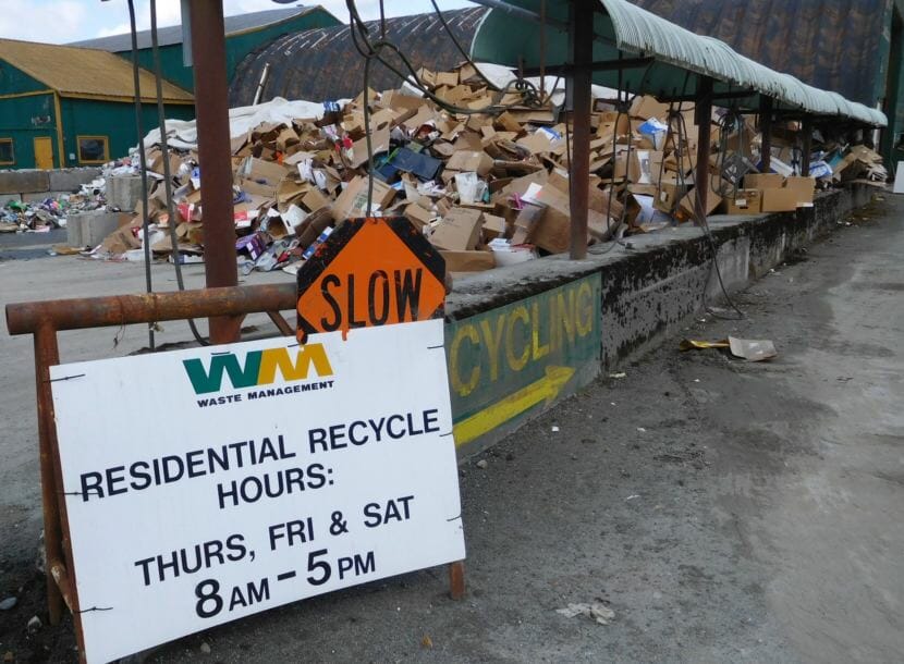 Cardboard and plastics pile up at the Juneau Recycling Center on March 28, 2018. Some recyclables are no longer accepted by China, one of the world's largest buyers. (Photo by Ed Schoenfeld/CoastAlaska News)