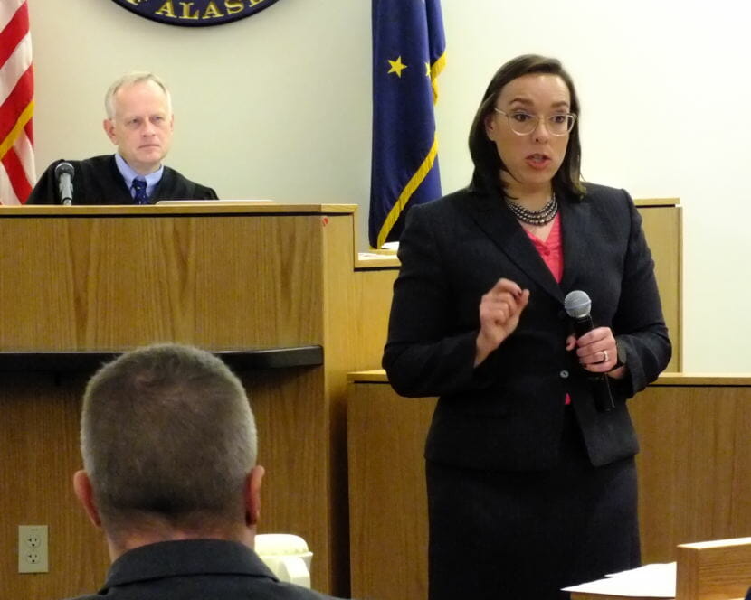 Assistant District Attorney Amy Paige delivers closing arguments to the jury in the Mark DeSimone homicide trial as Judge Philip Pallenberg listens.