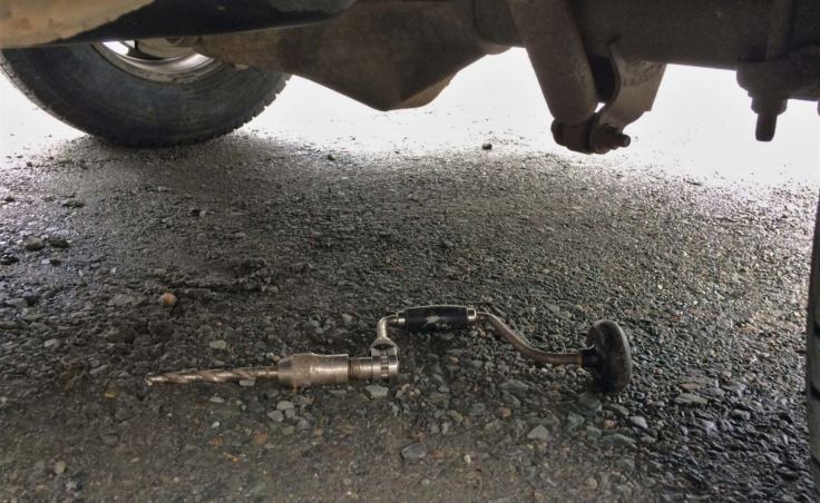 Discovery Southeast Executive Director Shawn Eisele found this hand drill under his nonprofit's van on the morning of Thursday, May 24, 2018, near his office on Harris Street in downtown Juneau. The van's fuel tank was drilled out and repairs will cost thousands of dollars. (Photo courtesy Shawn Eisele)