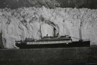 Historic photos of the Princess Sophia are featured in panels of a museum exhibit in Skagway that had its grand opening on May 11, 2018.