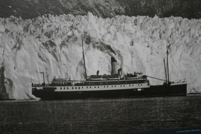 Historic photos of the Princess Sophia are featured in panels of a museum exhibit in Skagway unveiled in May 2018.