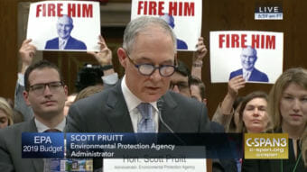 Environmental Protection Agency Administrator Scott Pruitt endured criticism from senators and protesters at a hearing Wednesday. (Video still courtesy C-SPAN)