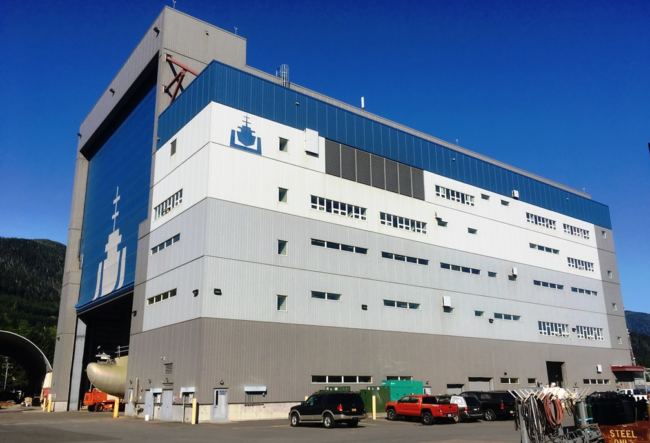 Part of the ferry Hubbard sticks out of the Vigor Alaska shipyard assembly hall in Ketchikan on May 16, 2018.