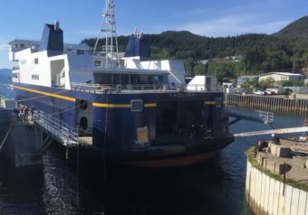 The new Alaska Class ferry Tazlina floats for the first time at the Vigor Alaska shipyard in Ketchikan in on May 16, 2018.