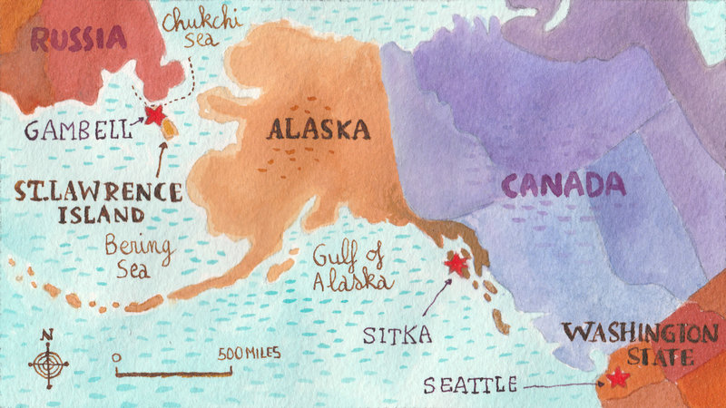 St. Lawrence Island is more than 1,000 miles from Sitka, where many Native Alaskan children, including Constance Oozevaseuk, were sent by the federal government to attend boarding school. (Graphic by Nathalie Dieterle for NPR)