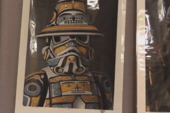 A design created by Andy Everson blends traditional Native art with imagery from "Star Wars." (Video still by David Purdy/KTOO)
