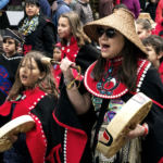 Various indigenous groups march and dance during a parade Saturday, June 9, 2018, in downtown Juneau, Alaska. (Photo by Tripp J Crouse/KTOO)