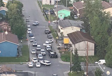 Around 100 uniformed and undercover officers, including aerial support from Alaska State Troopers, were split into eight teams and conducted a variety of crime suppression activities all over Anchorage in “Operation Midnight Sun.” (Photo courtesy of the Anchorage Police Department)
