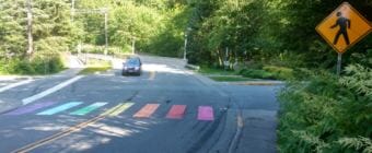 A crosswalk on Calhoun Avenue at the entrance to Juneau's Cope Park was painted in rainbow colors early Tuesday, June 19, 2018. By mid-afternoon city crews had repainted the crosswalk white. (Photo by Jacob Resneck/KTOO)
