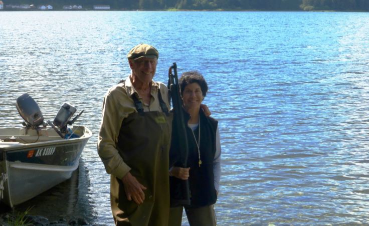 Avrum Gross and his oldest daughter Jody Gross pose for a photo at the family retreat off Chatham Strait.