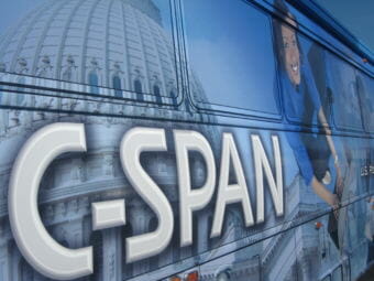 The C-SPAN Bus visits South Valley Jr. High in Liberty, Missouri on May 19, 2009. Students could tour the 45-foot bus, which is a mobile production studio.
