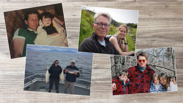 A photo collage of Kami Miller with her father, Steve, and reporter Emily Russell with her father, Mark. (Photos courtesy of Kami Miller and by Emily Russell/Alaska Public Media)