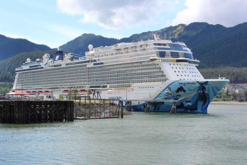 The Norwegian Bliss prepares to disembark from Juneau on June 5, 2018 (Photo by Adelyn Baxter/KTOO).