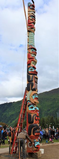 The Yanyeidì Gooch (wolf) totem pole is raised in Savikko Park on June 6, 2018. (Photo by Adelyn Baxter/KTOO)