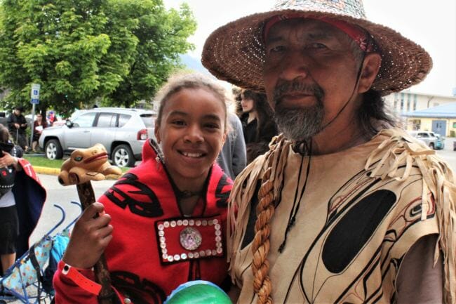 Owen James poses with his daughter Leah Moss. James and Moss both came to Celebration 2018 from Hoonah. (Photo by Adelyn Baxter/KTOO)