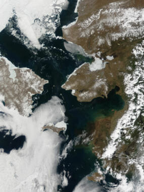 The Bering Strait separates Alaska's Seward Peninsula, right, from Siberia, left, in this June 3, 2002, satellite image.