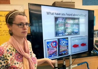 Dawn Charlton, an instructor with Being Adept, leads a discussion on marijuana for sixth-graders at Del Mar Middle School in Tiburon, California.