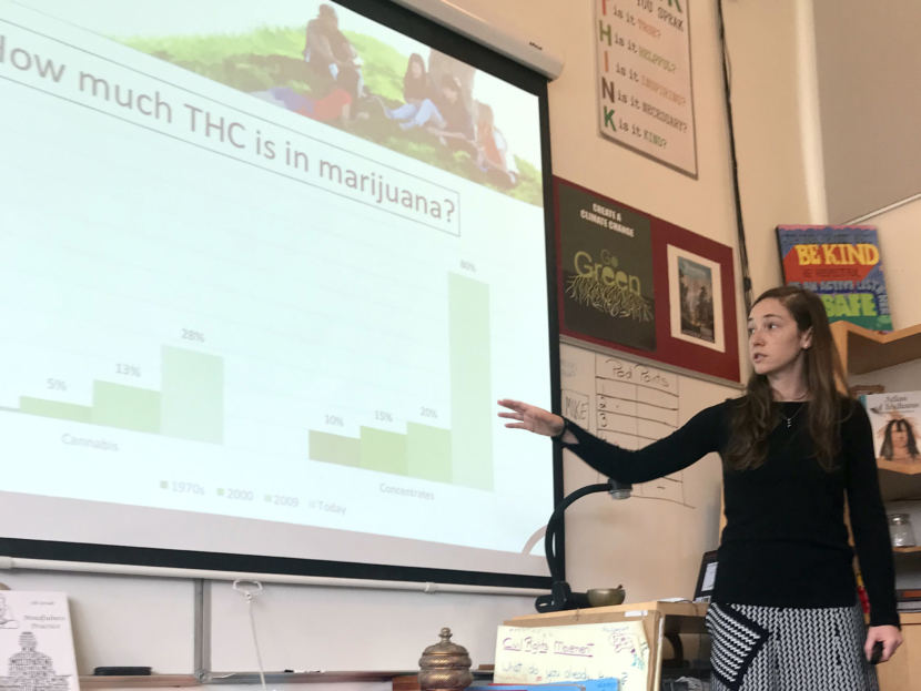 Ashley Brady explains the increase over time in marijuana potency to a class of eighth-graders at Marin Primary and Secondary School in Larkspur, California.