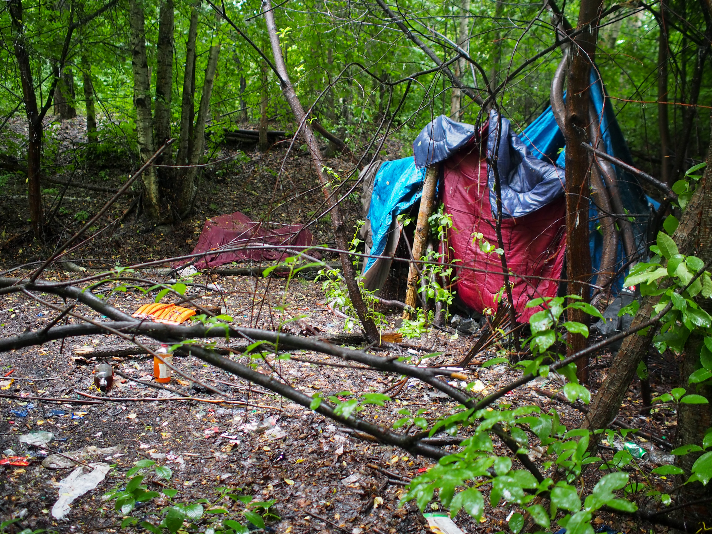 A small camp in the woods near the Chester Creek Trail (Photo by Zachariah Hughes/Alaska Public Media)