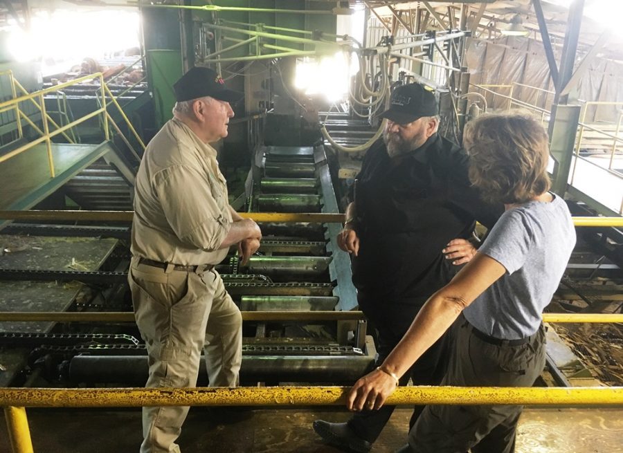 Secretary of Agriculture Sonny Perdue, left, and U.S. Sen. Lisa Murkowski talk July 5 with Kirk Dahlstrom at the Viking Lumber mill in Klawock. The mill is the largest private employer on Prince of Wales Island. (Photo by Leila Kheiry/KRBD)