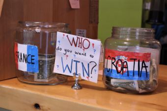 Tip jars encourage Coppa patrons to show which team they supported in Sunday's World Cup final on July 15, 2018. (Photo by Adelyn Baxter/KTOO)