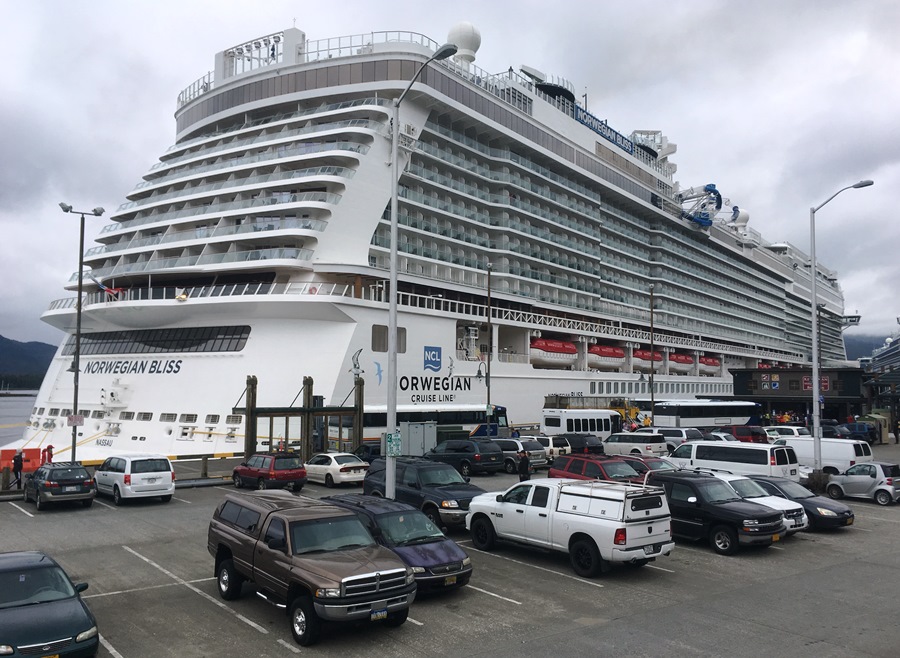The Norwegian Bliss is docked at Ketchikan’s Berth 3 on June 11, 2018. (Photo by Leila Kheiry/KRBD )