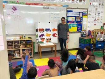 Mique'l Dangeli teaches primary students to read "Brown Bear, Brown Bear, What do You See" in Sm'algyax. (Photo courtesy Mique'l Dangeli)