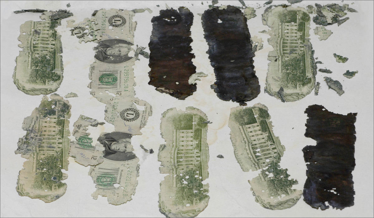 In 1980, a boy uncovered three bundles of decomposing $20 bills, whose serial numbers traced back to the D.B. Cooper ransom money. (Photo FBI archives)