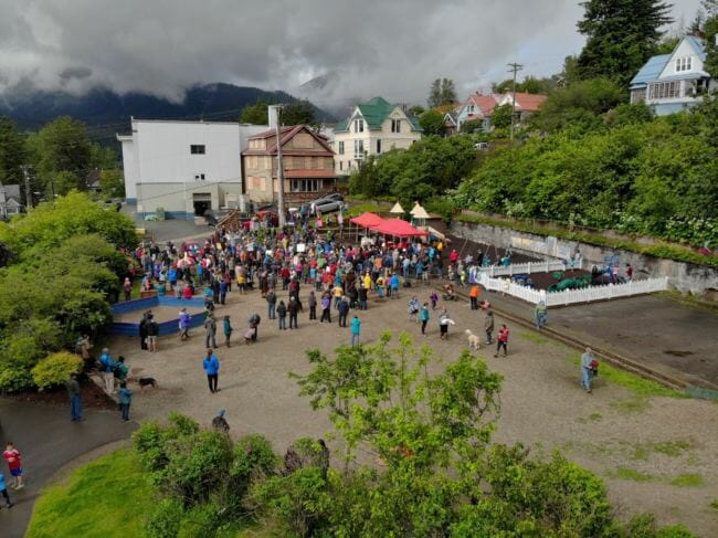 An aerial view of the crowd gathered at Capital School Playground Park for the Families Belong Together Rally on June 30, 2018. (Photo by David Purdy/KTOO)