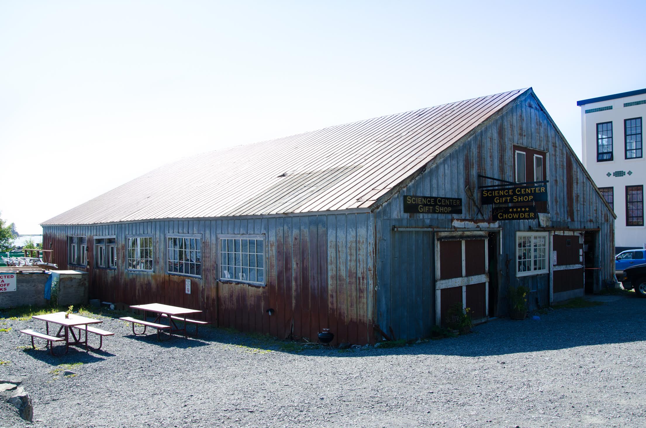 The Historic Sitka Sawmill Building today. It houses the Sitka Sound Science Center gift shop as well as a Ludvigs chowder cart during the summer months. (Photo courtesy Sitka Sound Science Center)