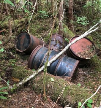 Rusty barrels sink into the ground at the Londevan Prospect site. (Photo by Liam Neimeyer/KRBD)