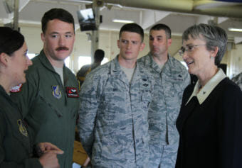 Air Force Secretary Heather Wilson visits Air Force personnel at Joint Base Elmendorf-Richardson during her first visit to Alaska since taking over the branch (Photo by Zachariah Hughes/Alaska Public Media)
