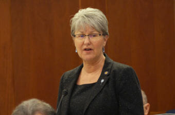 CROPPED Sen. Anna MacKinnon, R-Eagle River, expresses her views on a state operating budget bill in April. MacKinnon voted Monday to close the Unalaska legislative information office, but not to add hours to the other LIOs. (Photo by Skip Gray/360 North)