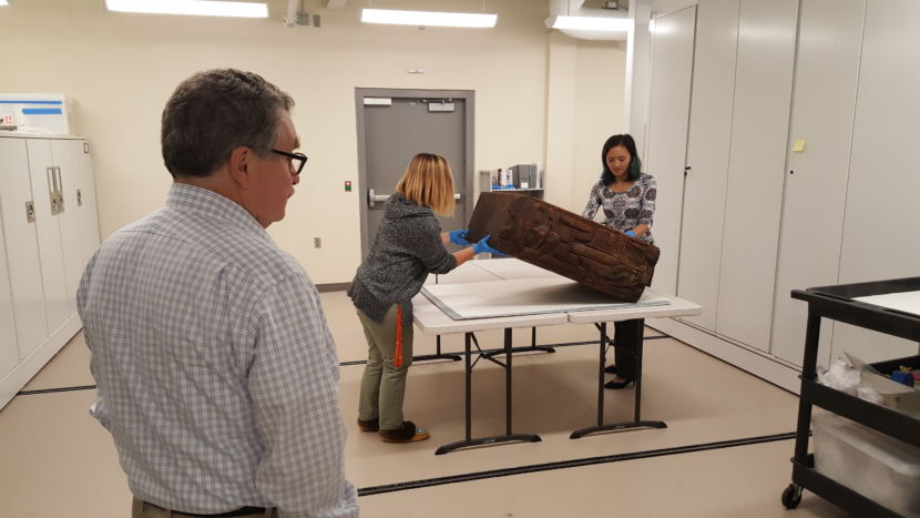 Sealaska Heritage Institute heritage director Chuck Smythe watches Monday, August 14, 2018, as collections manager Heather McClain and summer archives intern Miranda Worl set the bentwood box down to return to the collections. (Photo by Tripp J Crouse/KTOO)