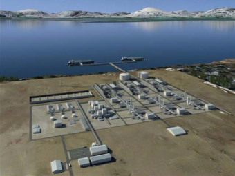 This illustration shows a rendition of what the liquefaction plant in Nikiski could look like if the Alaska LNG project is completed as planned. (Image courtesyAlaska LNG project.)