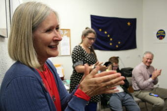Andi Story celebrates the primary results with volunteers at her campaign headquarters in Juneau on Aug. 21, 2018. Story is the Democratic nominee for House District 34.