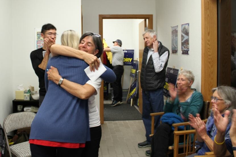 Democratic candidate for State House Andi Story embraces her campaign manager Laury Scandling after winning the nomination on Aug. 21, 2018. (Photo by Adelyn Baxter/KTOO)