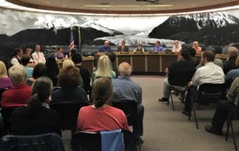 Members of the Juneau Assembly listen to public testimony on the New JACC during a Committee of the Whole meeting on Aug. 21, 2018. (Photo by Adelyn Baxter/KTOO)