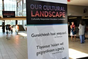 A sign at Juneau-Douglas High School welcomes educators to the Our Cultural Landscape conference. (Photo by Adelyn Baxter/KTOO)